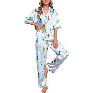 Ekouaer Silk Satin Pajamas Set Women Short Sleeve Pj Sets Button Down Sleepwear 2 Piece Soft Loungewear S-XXL(City Walk)