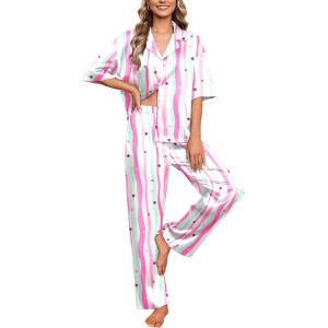 Ekouaer Silk Satin Pajamas Set Women Short Sleeve Pj Sets Button Down Sleepwear 2 Piece Soft Loungewear S-XXL(Pink Stripes)