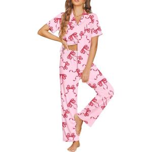 Ekouaer Womens Pajama Sets Button Down Pjs Lounge Sets 2 Piece Short Sleeve Sleepwear Soft Comfy Loungewear(Bow)
