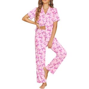 Ekouaer Womens Pajama Sets Button Down Pjs Lounge Sets 2 Piece Short Sleeve Sleepwear Soft Comfy Loungewear(Pink Bow)