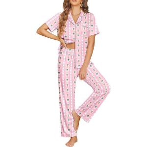 Ekouaer Womens Pajama Sets Button Down Pjs Lounge Sets 2 Piece Short Sleeve Sleepwear Soft Comfy Loungewear(Pink Carrots)