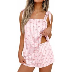 Ekouaer Womens Silk Pajama Set Bow Tie Knot Tank Top Satin Pjs Sets for Bridal Party 2 Piece Cami Shorts Sleepwear S-XXL(Pink Striped Bow Print)