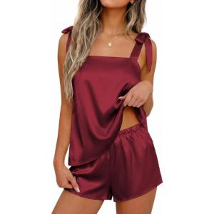 Ekouaer Womens Silk Pajama Set Bow Tie Knot Tank Top Satin Pjs Sets for Bridal Party 2 Piece Cami Shorts Sleepwear S-XXL(Wine Red)