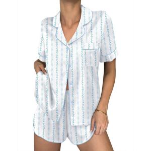 Ekouaer Womens Silk Satin Pajama Sets 2 Piece Button Down Silk Pjs Shorts Sets Cute Print Short Sleeve Sleepwear S-4XL(Blue Flower Bow Stripe)