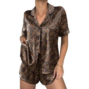 Ekouaer Womens Silk Satin Pajama Sets 2 Piece Button Down Silk Pjs Shorts Sets Cute Print Short Sleeve Sleepwear S-4XL(Brown Leaf Print)