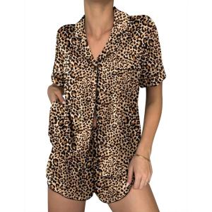 Ekouaer Womens Silk Satin Pajama Sets 2 Piece Button Down Silk Pjs Shorts Sets Cute Print Short Sleeve Sleepwear S-4XL(Brown Leopard)