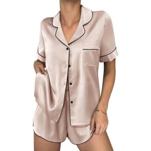 Ekouaer Womens Silk Satin Pajama Sets 2 Piece Button Down Silk Pjs Shorts Sets Cute Print Short Sleeve Sleepwear S-4XL(Champagne)
