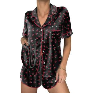 Ekouaer Womens Silk Satin Pajama Sets 2 Piece Button Down Silk Pjs Shorts Sets Cute Print Short Sleeve Sleepwear S-4XL(Cherry Print)