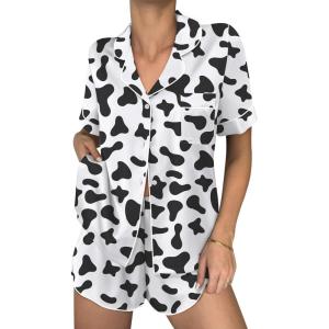 Ekouaer Womens Silk Satin Pajama Sets 2 Piece Button Down Silk Pjs Shorts Sets Cute Print Short Sleeve Sleepwear S-4XL(Cow Print)