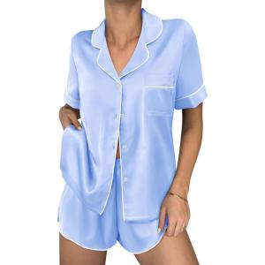 Ekouaer Womens Silk Satin Pajama Sets 2 Piece Button Down Silk Pjs Shorts Sets Cute Print Short Sleeve Sleepwear S-4XL(Light Blue)