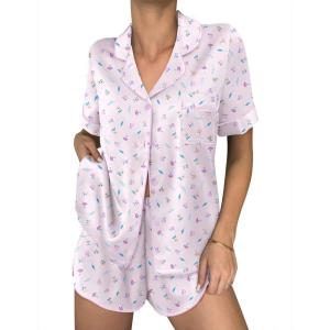 Ekouaer Womens Silk Satin Pajama Sets 2 Piece Button Down Silk Pjs Shorts Sets Cute Print Short Sleeve Sleepwear S-4XL(Lilac Flower Leave)