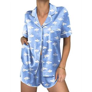 Ekouaer Womens Silk Satin Pajama Sets 2 Piece Button Down Silk Pjs Shorts Sets Cute Print Short Sleeve Sleepwear S-4XL(Moon and White Clouds)
