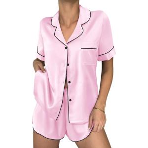 Ekouaer Womens Silk Satin Pajama Sets 2 Piece Button Down Silk Pjs Shorts Sets Cute Print Short Sleeve Sleepwear S-4XL(Pink)