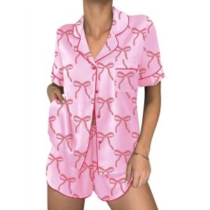 Ekouaer Womens Silk Satin Pajama Sets 2 Piece Button Down Silk Pjs Shorts Sets Cute Print Short Sleeve Sleepwear S-4XL(Pink With Red Bow)