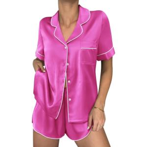Ekouaer Womens Silk Satin Pajama Sets 2 Piece Button Down Silk Pjs Shorts Sets Cute Print Short Sleeve Sleepwear S-4XL(Rose Red)
