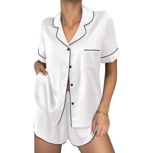 Ekouaer Womens Silk Satin Pajama Sets 2 Piece Button Down Silk Pjs Shorts Sets Cute Print Short Sleeve Sleepwear S-4XL(White)