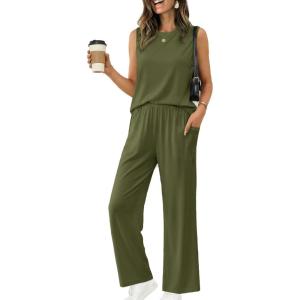Ekouaer Women’s Two Piece Sets Summer Sleeveless Lounge Sets Matching Pants Airport Travel Outfits(Army Green)