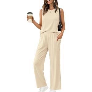 Ekouaer Women’s Two Piece Sets Summer Sleeveless Lounge Sets Matching Pants Airport Travel Outfits(Beige)