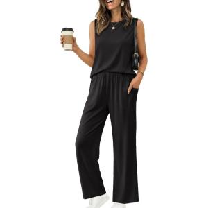 Ekouaer Women’s Two Piece Sets Summer Sleeveless Lounge Sets Matching Pants Airport Travel Outfits(Black)