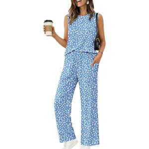 Ekouaer Women’s Two Piece Sets Summer Sleeveless Lounge Sets Matching Pants Airport Travel Outfits(Blue Floral)