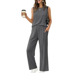 Ekouaer Women’s Two Piece Sets Summer Sleeveless Lounge Sets Matching Pants Airport Travel Outfits(Dark Gray)