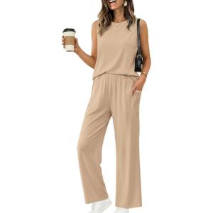 Ekouaer Women’s Two Piece Sets Summer Sleeveless Lounge Sets Matching Pants Airport Travel Outfits(Khaki)