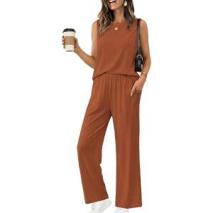 Ekouaer Women’s Two Piece Sets Summer Sleeveless Lounge Sets Matching Pants Airport Travel Outfits(Leather Brown)