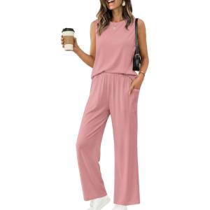 Ekouaer Women’s Two Piece Sets Summer Sleeveless Lounge Sets Matching Pants Airport Travel Outfits(Misty Rose)