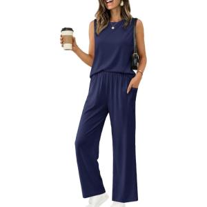 Ekouaer Women’s Two Piece Sets Summer Sleeveless Lounge Sets Matching Pants Airport Travel Outfits(Navy Blue)