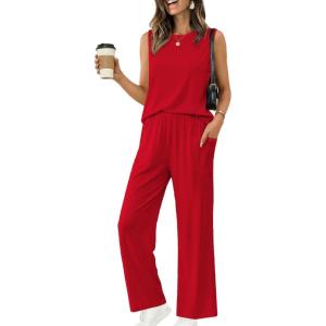 Ekouaer Women’s Two Piece Sets Summer Sleeveless Lounge Sets Matching Pants Airport Travel Outfits(Red)