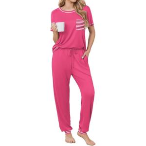 Ekouaer womens pajama sets Short Sleeve Pjs Lounge Set 2 Piece Sleepwear with Long Pants(Hot Pink)