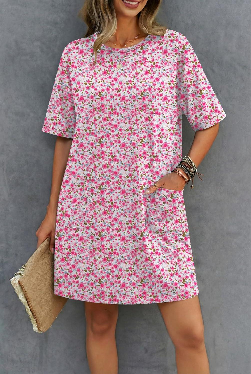 imageEkouaer Cotton Nightgowns for Women Short Sleeve Sleep Shirts Crew Neck Night Dress Nightshirt with Pockets S2XLPink Flower
