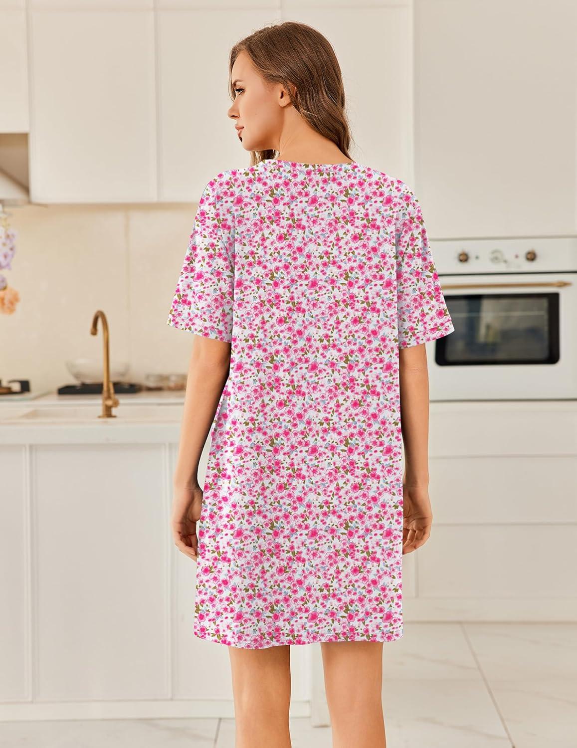imageEkouaer Cotton Nightgowns for Women Short Sleeve Sleep Shirts Crew Neck Night Dress Nightshirt with Pockets S2XLPink Flower