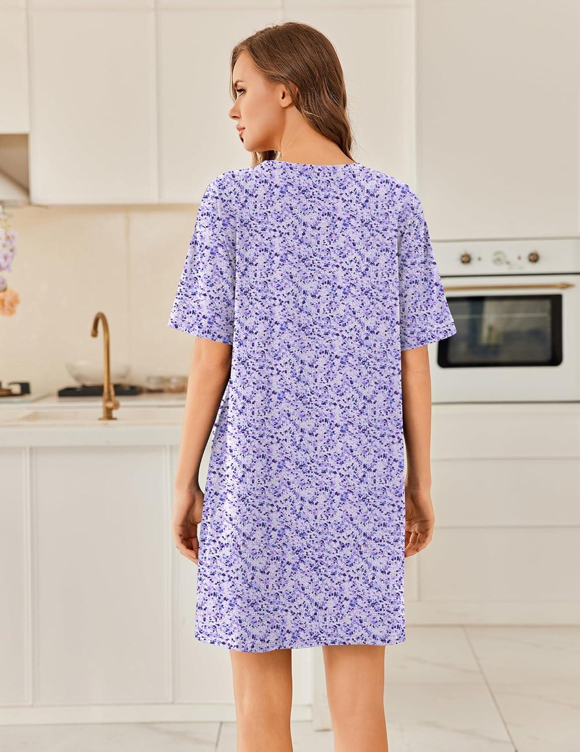 imageEkouaer Cotton Nightgowns for Women Short Sleeve Sleep Shirts Crew Neck Night Dress Nightshirt with Pockets S2XLPurple
