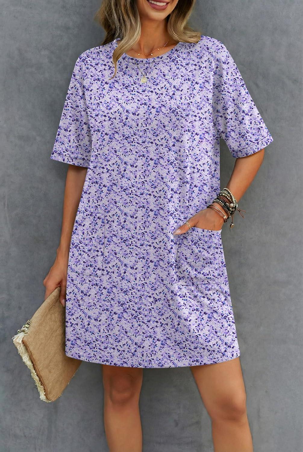 imageEkouaer Cotton Nightgowns for Women Short Sleeve Sleep Shirts Crew Neck Night Dress Nightshirt with Pockets S2XLPurple