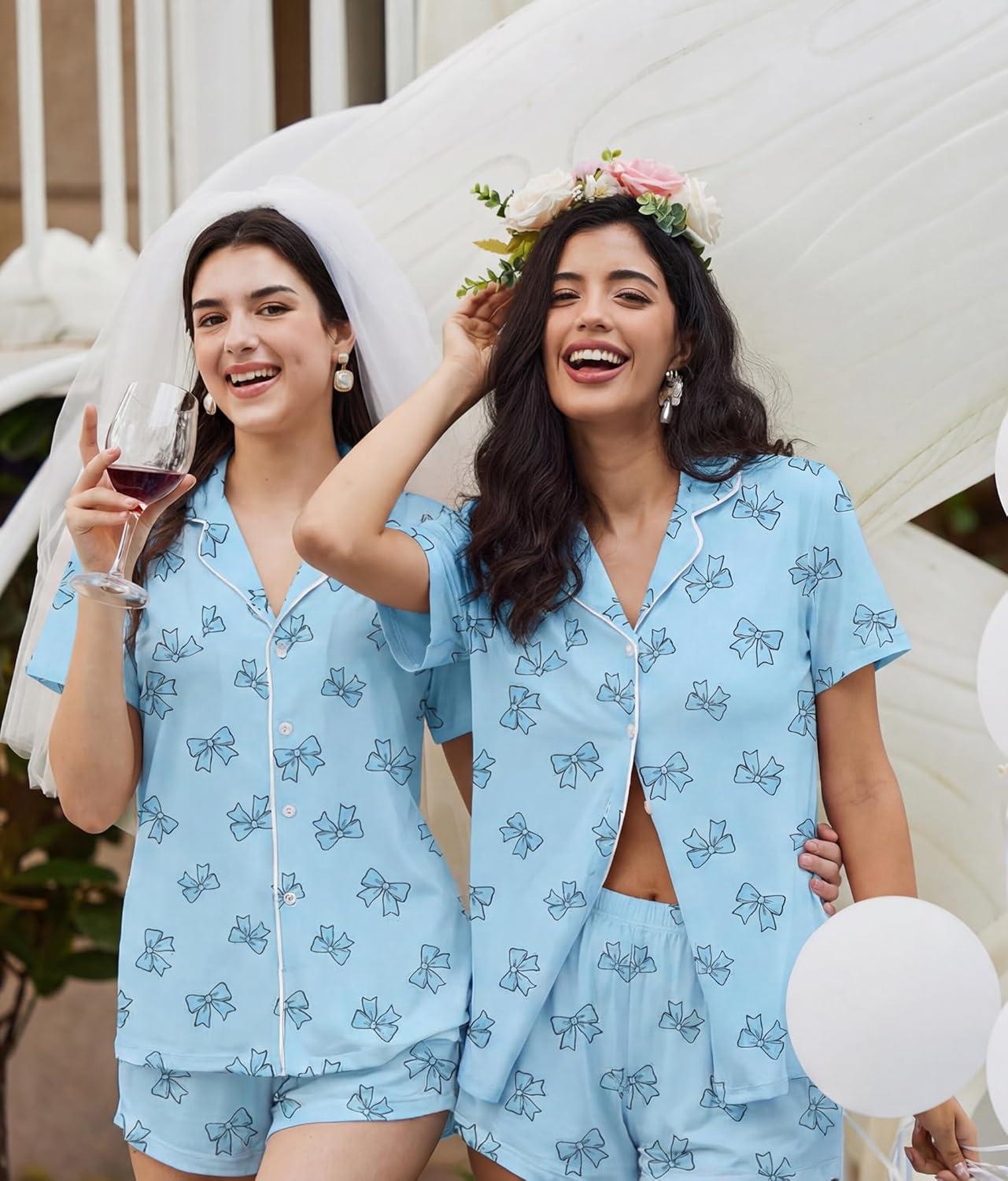 imageEkouaer Pajamas Set for Women Short Sleeve Sleepwear Button Down Pjs Soft 2 Piece Lounge Sets XSXXXLLight Blue Bows