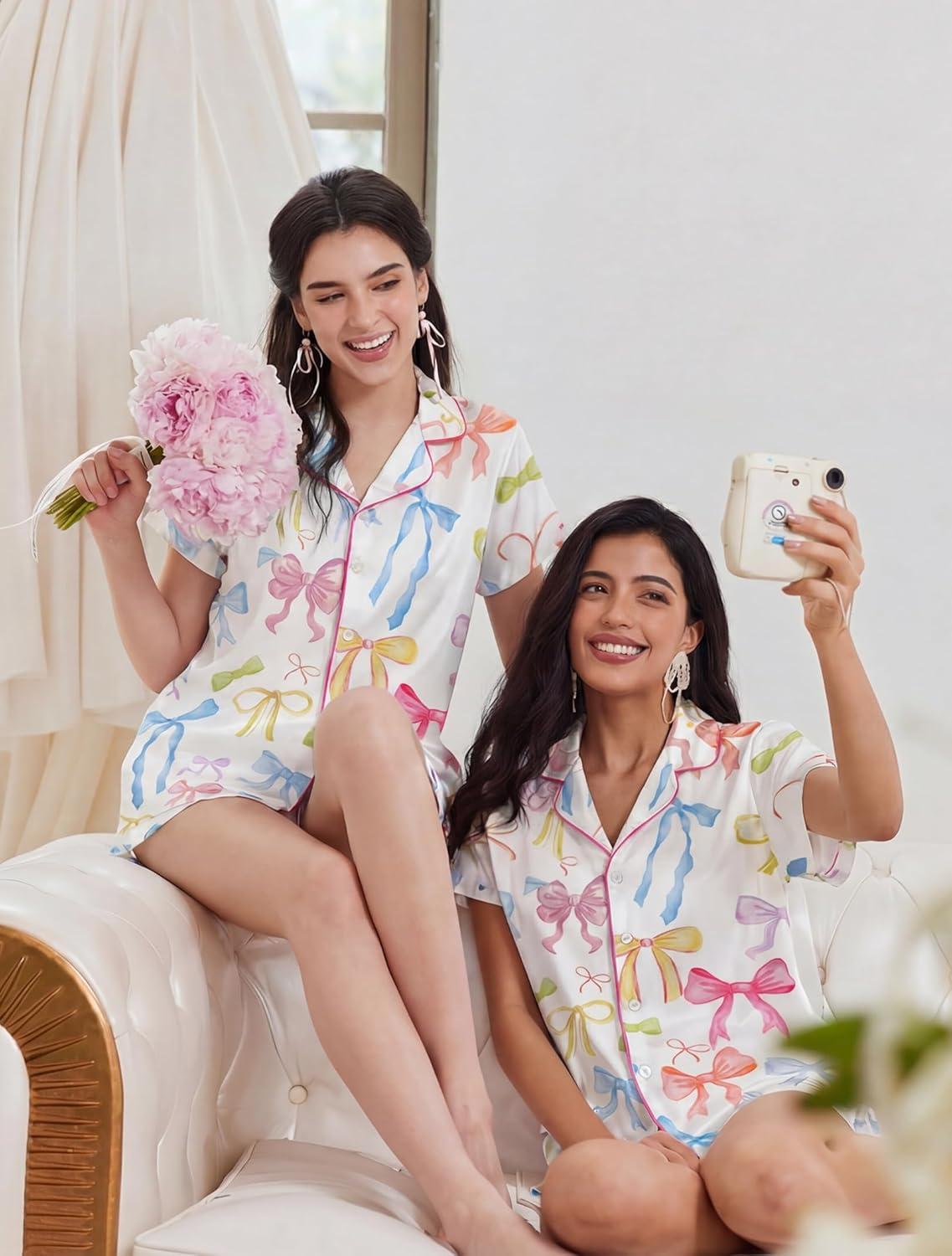 imageEkouaer Pajamas Set for Women Short Sleeve Sleepwear Button Down Pjs Soft 2 Piece Lounge Sets XSXXXLWhite With Colorful Bows