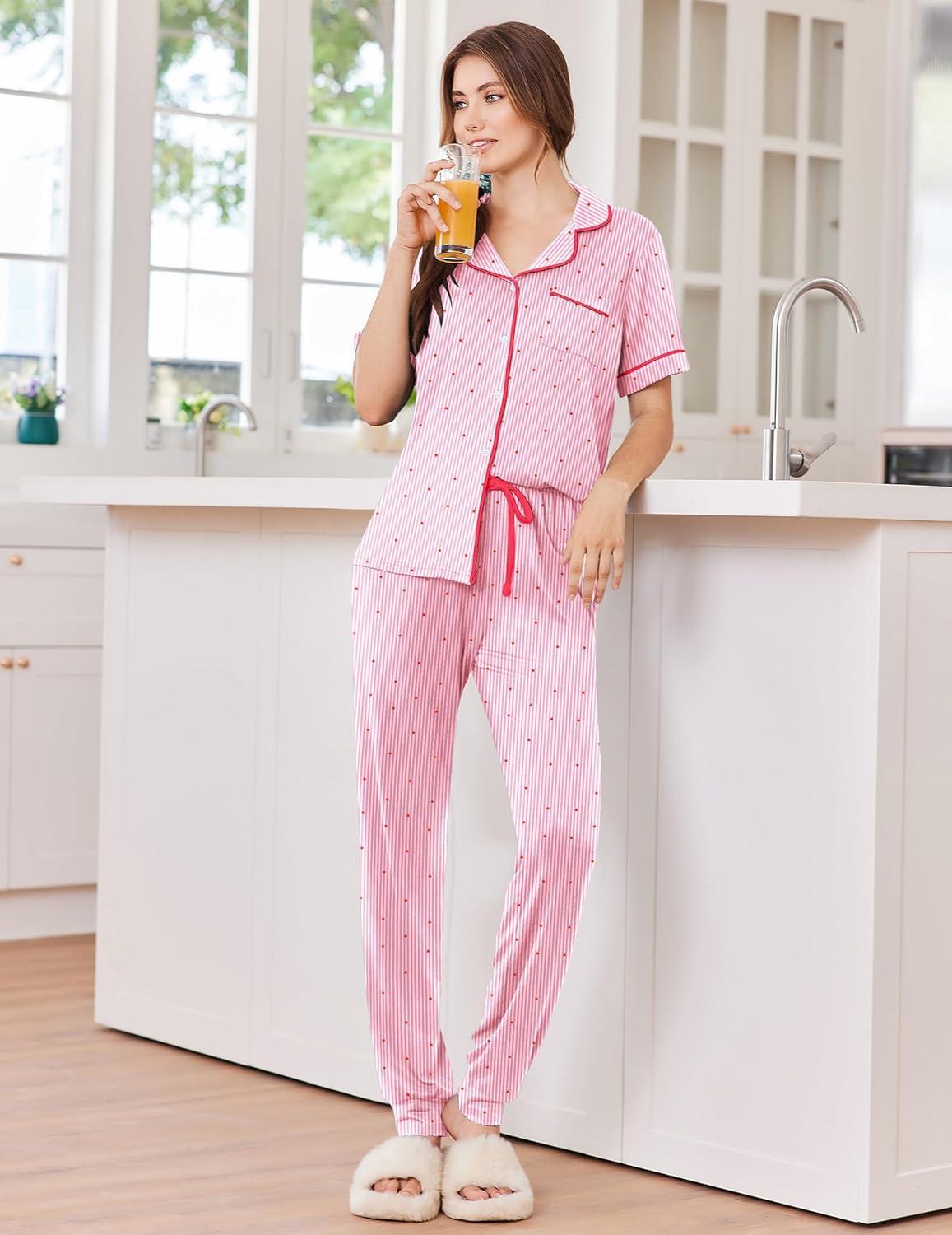 imageEkouaer Women Pajama Set Short Sleeve Button Down Pjs Soft Comfy Sleepwear Nightwear with Jogger PantsPink Stripe Heart