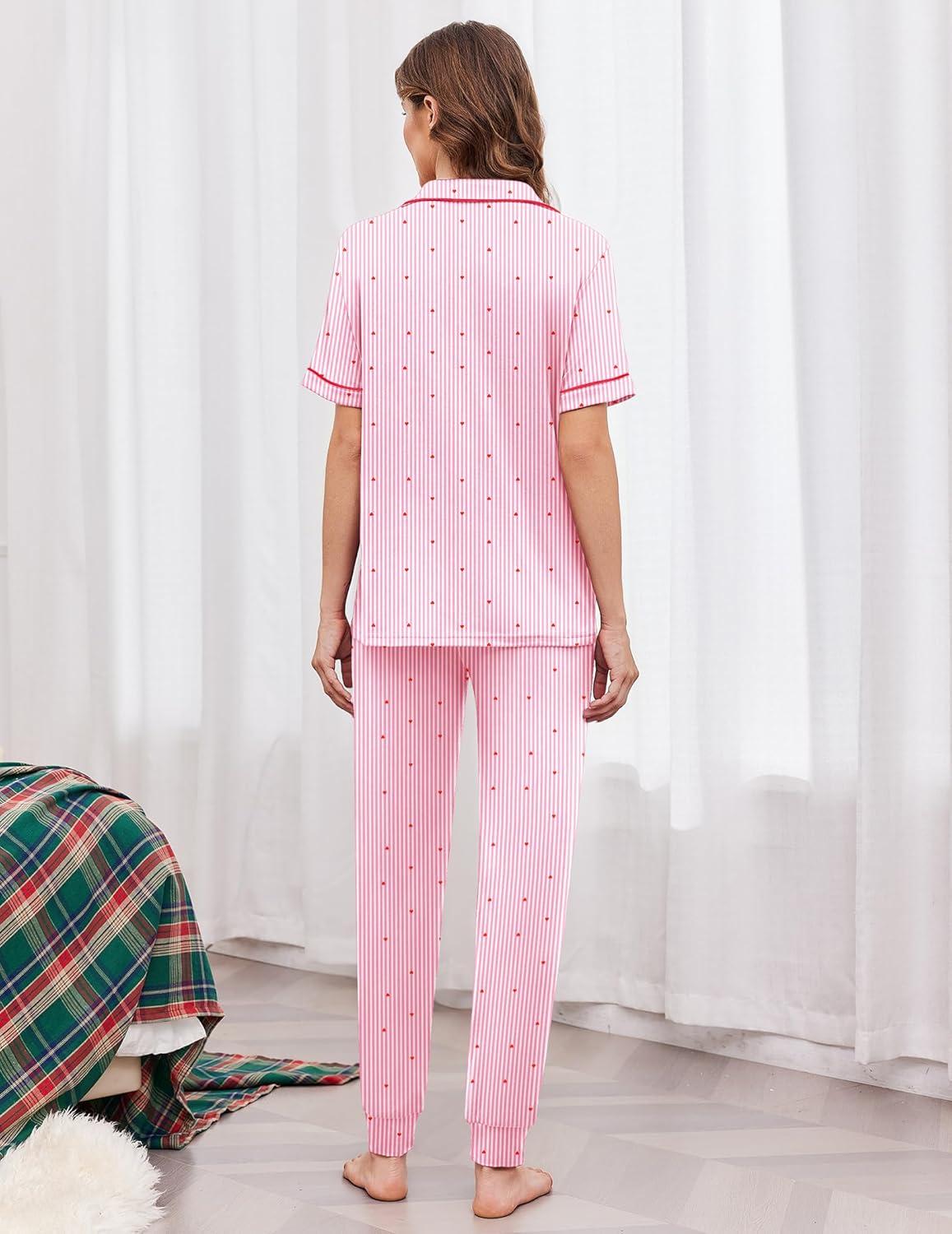 imageEkouaer Women Pajama Set Short Sleeve Button Down Pjs Soft Comfy Sleepwear Nightwear with Jogger PantsPink Stripe Heart