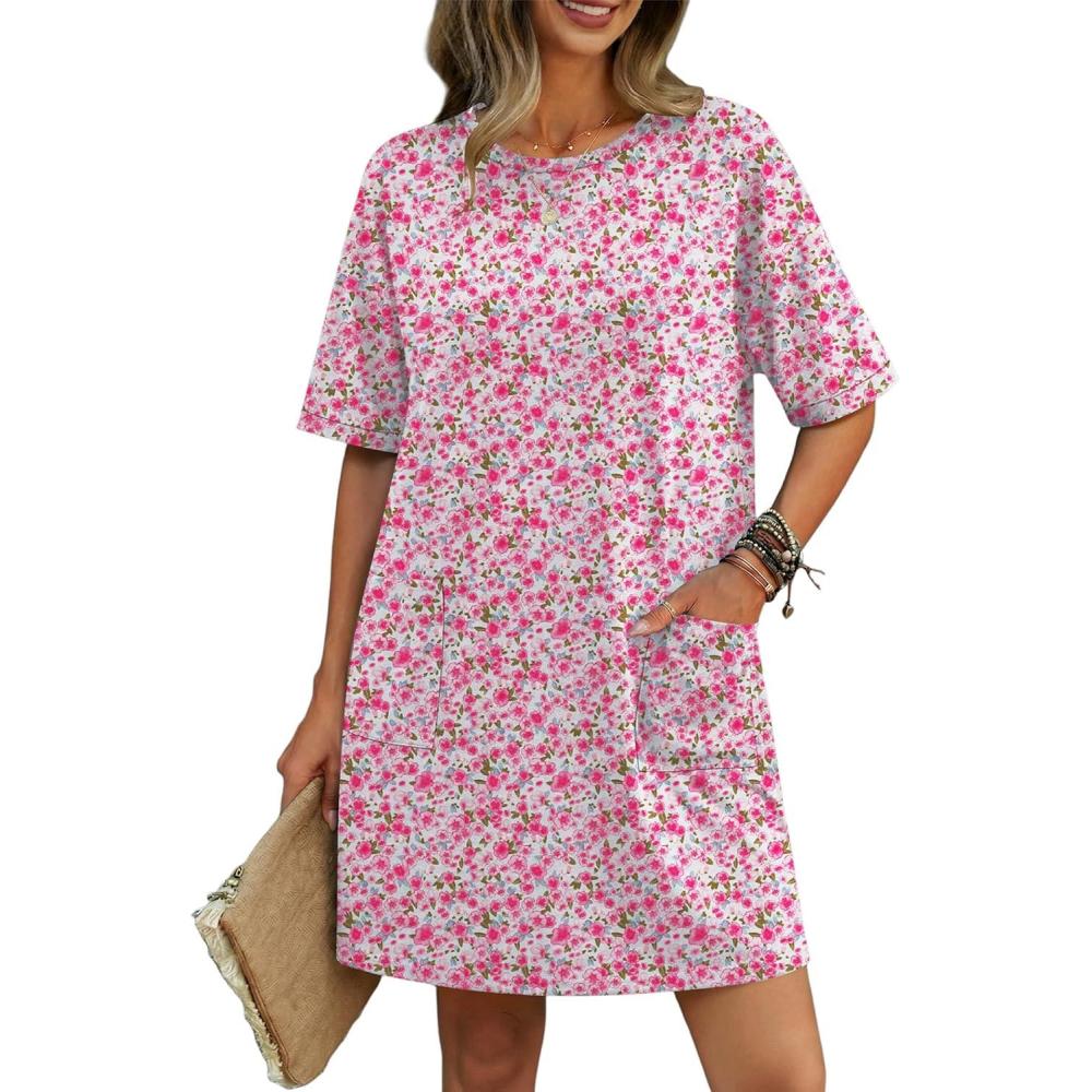 imageEkouaer Cotton Nightgowns for Women Short Sleeve Sleep Shirts Crew Neck Night Dress Nightshirt with Pockets S2XLPink Flower