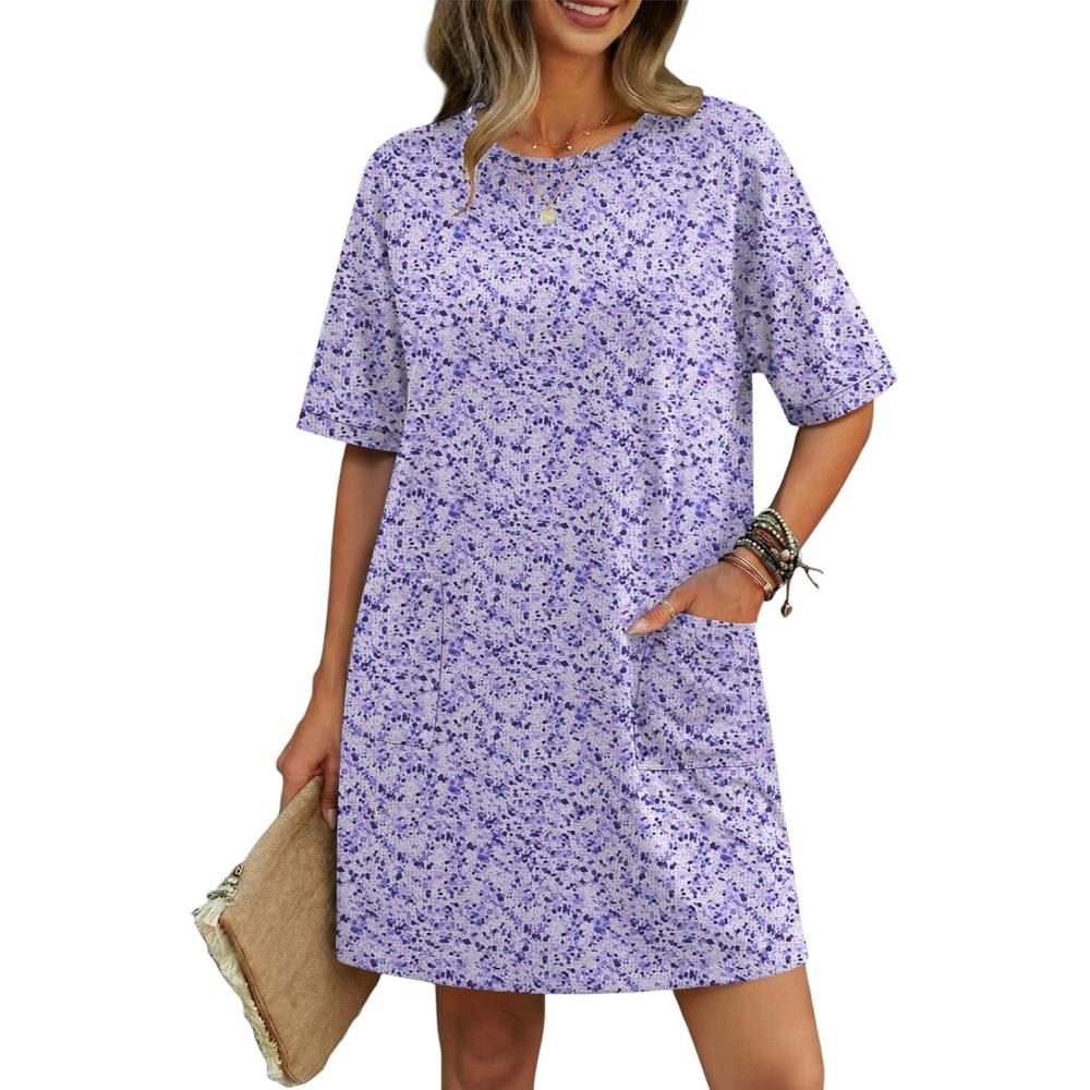 imageEkouaer Cotton Nightgowns for Women Short Sleeve Sleep Shirts Crew Neck Night Dress Nightshirt with Pockets S2XLPurple