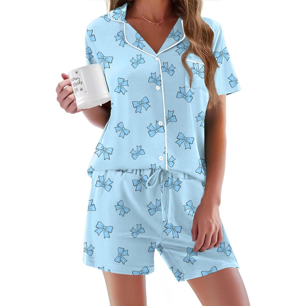 imageEkouaer Pajamas Set for Women Short Sleeve Sleepwear Button Down Pjs Soft 2 Piece Lounge Sets XSXXXLLight Blue Bows