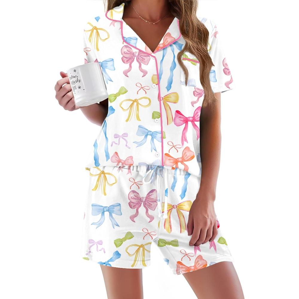 imageEkouaer Pajamas Set for Women Short Sleeve Sleepwear Button Down Pjs Soft 2 Piece Lounge Sets XSXXXLWhite With Colorful Bows