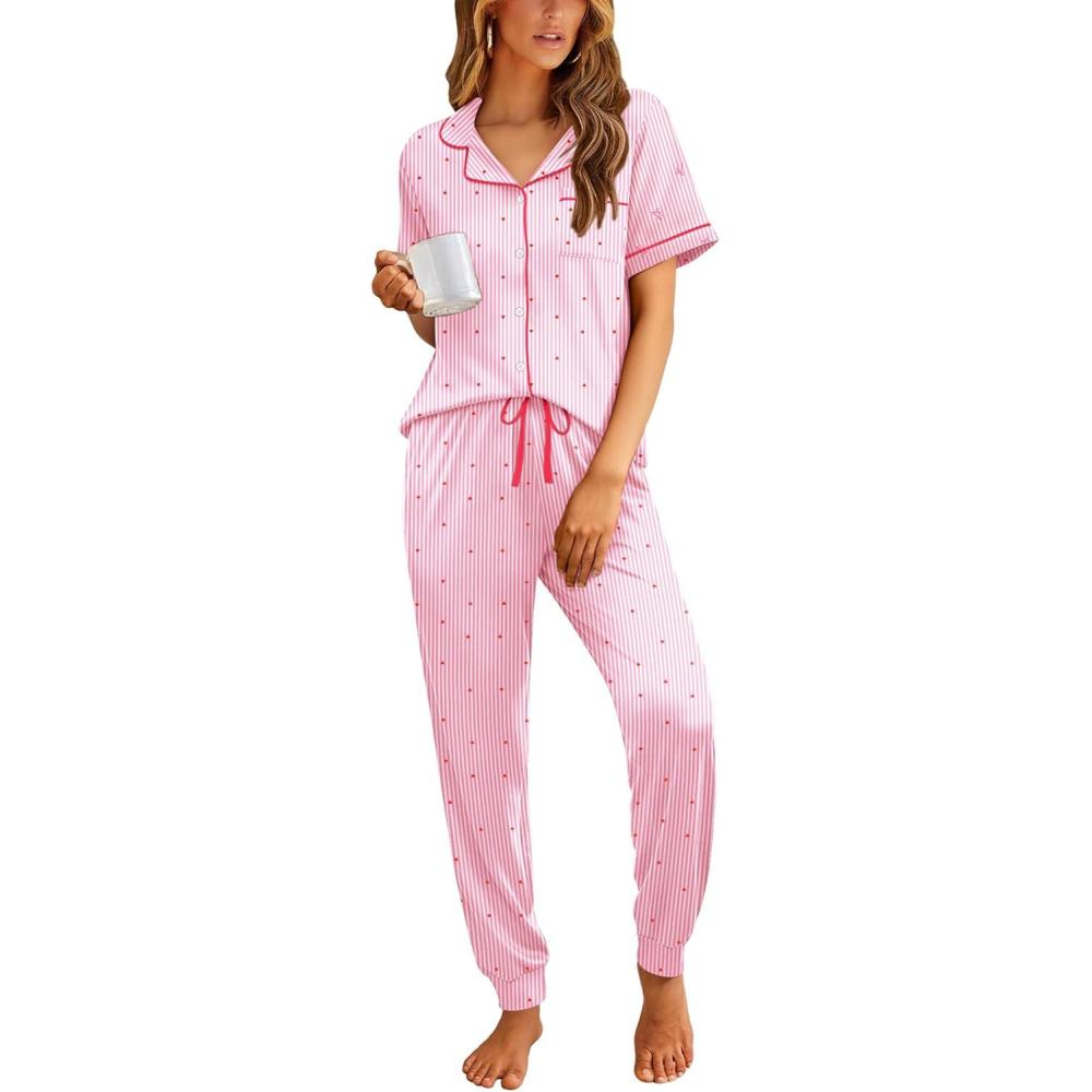 imageEkouaer Women Pajama Set Short Sleeve Button Down Pjs Soft Comfy Sleepwear Nightwear with Jogger PantsPink Stripe Heart