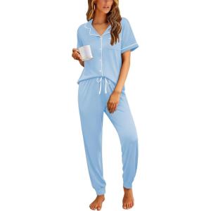 Ekouaer Women Pajama Set Short Sleeve Button Down Pjs Soft Comfy Sleepwear Nightwear with Jogger Pants(Light Blue)
