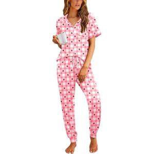 Ekouaer Women Pajama Set Short Sleeve Button Down Pjs Soft Comfy Sleepwear Nightwear with Jogger Pants(Pink Plaid)