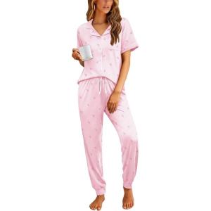 Ekouaer Women Pajama Set Short Sleeve Button Down Pjs Soft Comfy Sleepwear Nightwear with Jogger Pants(Pink Stripe Bow)
