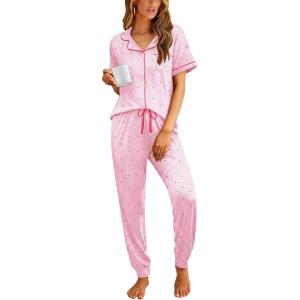 Ekouaer Women Pajama Set Short Sleeve Button Down Pjs Soft Comfy Sleepwear Nightwear with Jogger Pants(Pink Stripe Heart)