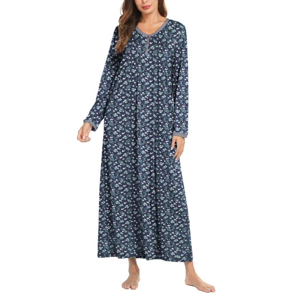 imageEkouaer Womens Long Sleeve Nightgown Full Length Sleepwear Long Sleepshirts Henley Sleep DressAanavy Flowers