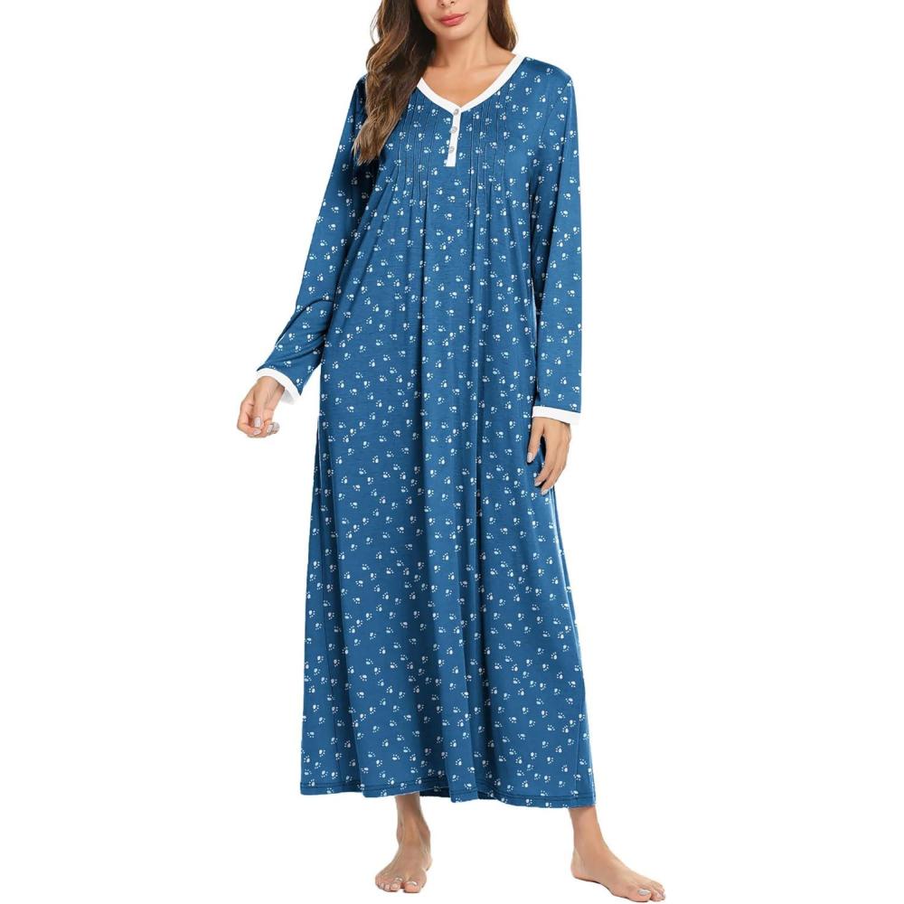 imageEkouaer Womens Long Sleeve Nightgown Full Length Sleepwear Long Sleepshirts Henley Sleep DressAblue Dog Footprints
